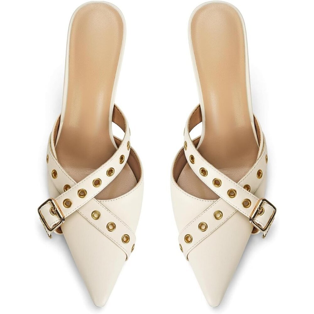 Women's White Pointed Closed Toe Dressy Bow Heel Vintage Heeled Mules Slip on - Picture 4 of 6